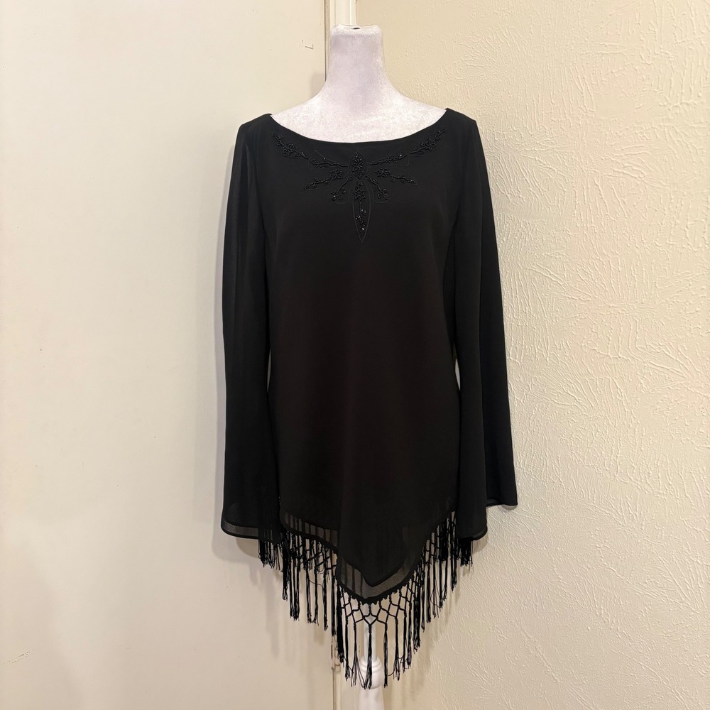 Sandra Darren Size 16 Black Beaded Fringe Tunic Blouse Sheer Flare Sleeves Boho